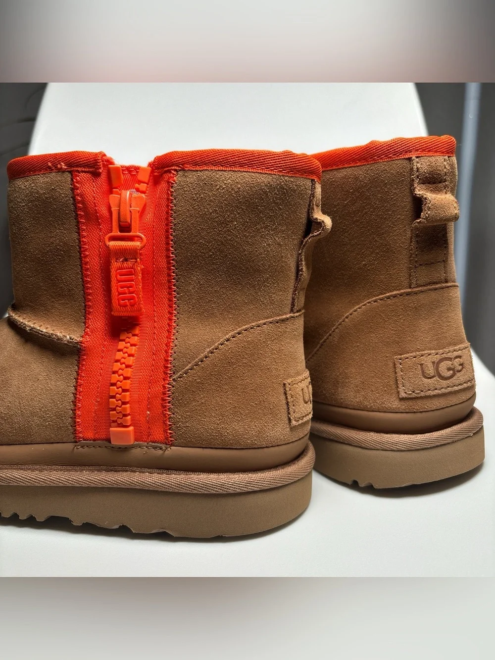 UGG Chestnut Suede Winter Boot with Orange Trim